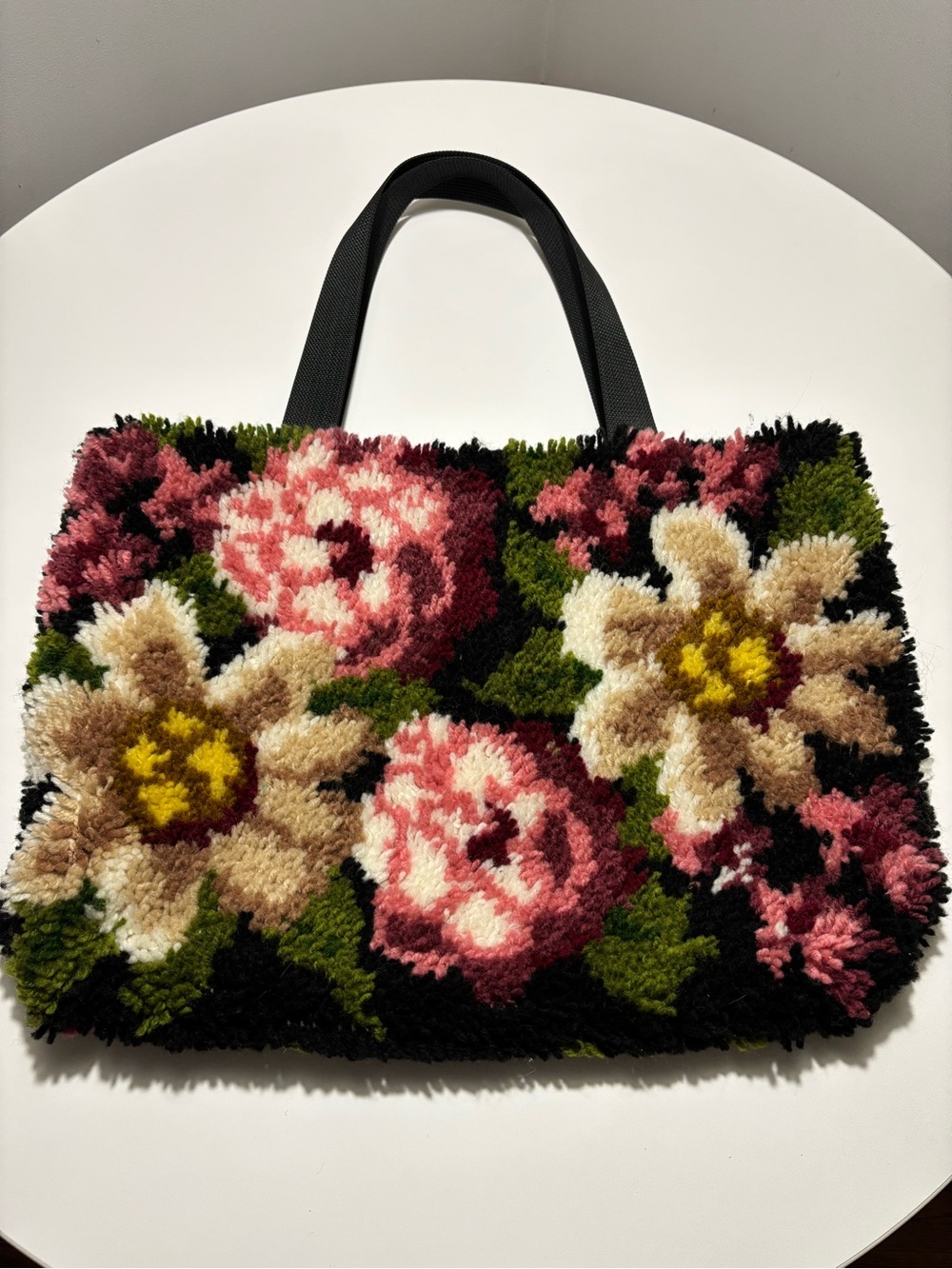 Handmade Vintage Floral Shag Rug Latch Hook Tote Bag